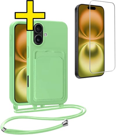 Hoesje Geschikt voor iPhone 16 Plus Telefoonhoesje Met Koord Case Pashouder Met Screenprotector Siliconen - Hoes Geschikt voor iPhone 16 Plus Hoesje Met Kaarthouder - Groen