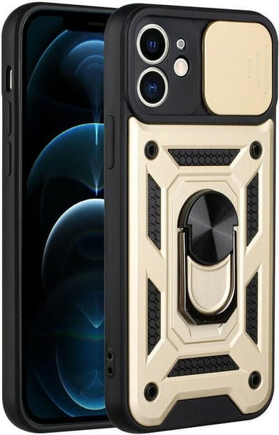 Hoesje Geschikt voor iPhone 13 pro Hoesje met Camera Bescherming Goud – met ring houder Rugged Armor Back Cover - Case - Camera Schuif