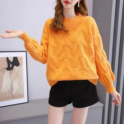 Lantaarnmouwen Ronde Hals Twist Trui Vrouwelijk Dagelijks Casual Herfst en Winter Koreaanse Versie van Losse Verdikte Twist Pullover Gebreide Truien 3XL oranje
