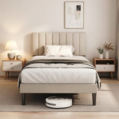KUTAS Gestoffeerd Eenpersoonsbed 90x200 cm - Verticale Strepen Stijl - Metalen Bedframe - Grote Opbergruimte - Inclusief Lattenbodem - Robuuste Constructie - 260 kg Draagkracht - Zonder Matras - Grijs