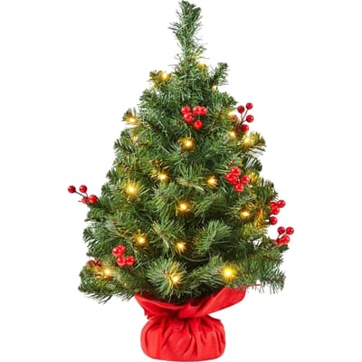 Yaheetech Tafelkerstboom Met Verlichting – 38 x 38 x 60 cm – Voorzien Van 35 LED-Lampjes En 40 Rode Bessen En Betonnen Voet Met Rode Doek – Voor Dressoir En Kantoor – Groen PVC En Beton