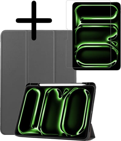 Hoesje Geschikt voor Apple iPad Pro (2024/2025) - 11 inch - Met Screenprotector - Trifold Bookcase - Hard Cover Case - Met Uitsparing Geschikt voor Apple Pencil - Hardcover Book - Tablet Hoes - Grijs