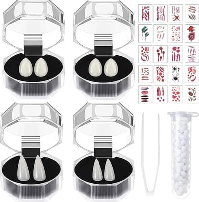 Vampier Tanden Set met 8 Stuks - Nep Tanden in 4 Maten, Inclusief Tandenlijm en Halloween Tattoos voor Cosplay en Feestjes