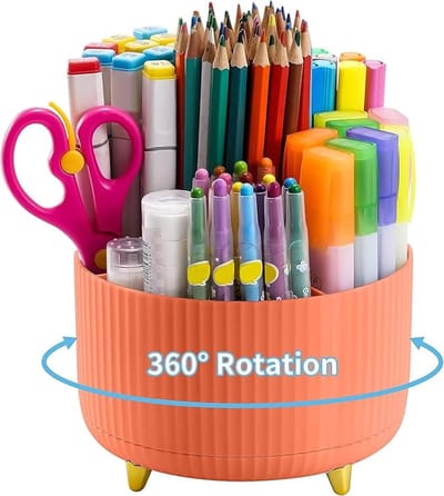 Famanu - Bureau Organizer, 360 Draaibare Penhouder, Bureau-Organizer Accessoires met 5 Vakken, Pennenorganizer Opberg voor Thuis Kantoor Benodigdheden (Oranje)