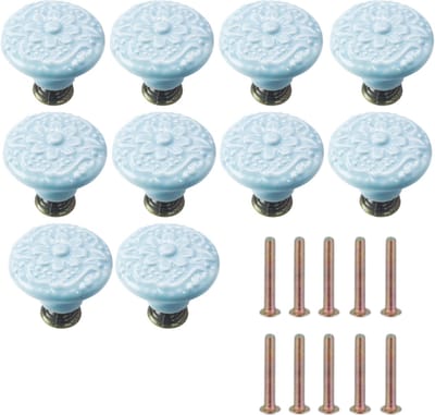 Meubelknoppen Set Lichtblauw Keramiek Rond met Bloem - 10x Blauwe Kastknop met schroef - Vintage/Antiek handgreep voor deur en lade