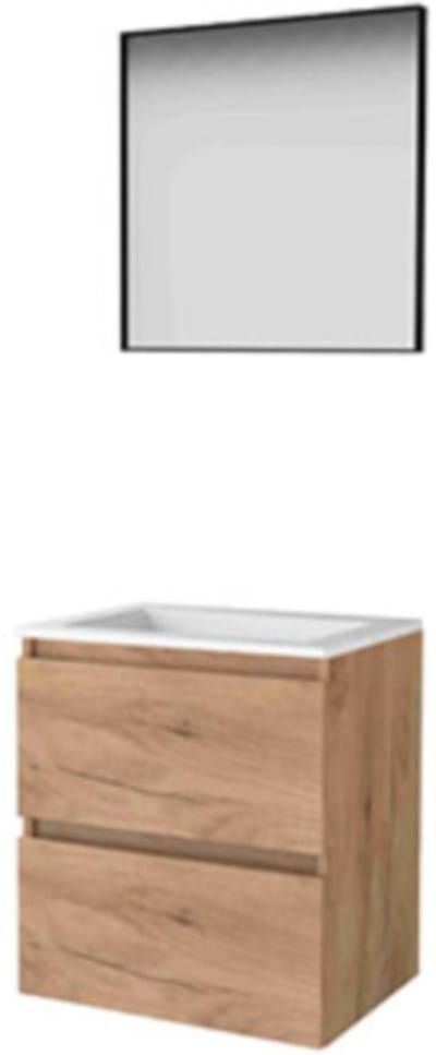 Basic-Line Framed 46 Badkamermeubelset - 60 x 46 cm - Greeploos - 2 Lades - Acryl Wastafel - Zonder Kraangat - Spiegel met Zwart Aluminium Frame - Whisky Oak