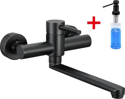 CECIPA max - Keukenkraan voor wandmontage Waterkraan - Met Zeepdispenser 300ML - 360° draaibaar Eengreepsmengkraan voor wandmontage - Zwart