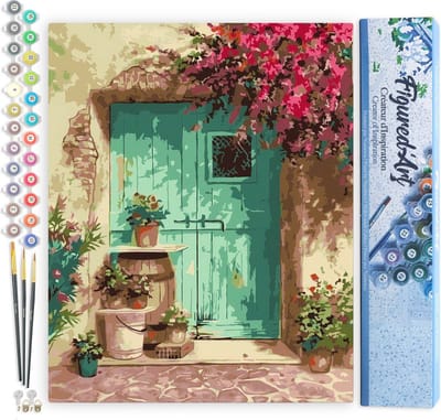 Figured'Art Schilderen op Nummer Volwassenen canvas Groene deur - Handwerk acrylverf Kit DIY Compleet - 40x50cm zonder frame