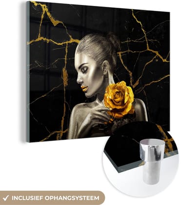 MuchoWow® Glasschilderij 40x30 cm - Schilderij acrylglas - Vrouwen - Rozen - Goud - Marmer - Foto op glas - Schilderijen