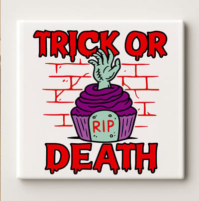Trick or Death Keramische Tegel – 15x15cm Grappige Halloween Horror Wanddecoratie voor Griezelige Woon- of Feestdecoratie