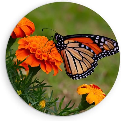 Saammp Muurcirkel Hout -Vlinder op oranje bloem - Dieren - Ø 90 - Wandcirkel - Wanddecoratie Cirkel - muurdecoratie Woonkamer - Slaapkamer decoratie - Rond Schilderij