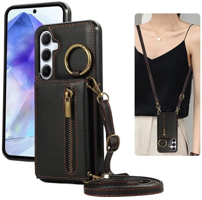 Telefoonhoesje geschikt voor Samsung Galaxy A57 5G - zwart - hoesje met koord en rits - portemonnee wallet back case hoesje met rits - telefoonhoesje - hoesje met koord te gebruiken als draagtasje - back case