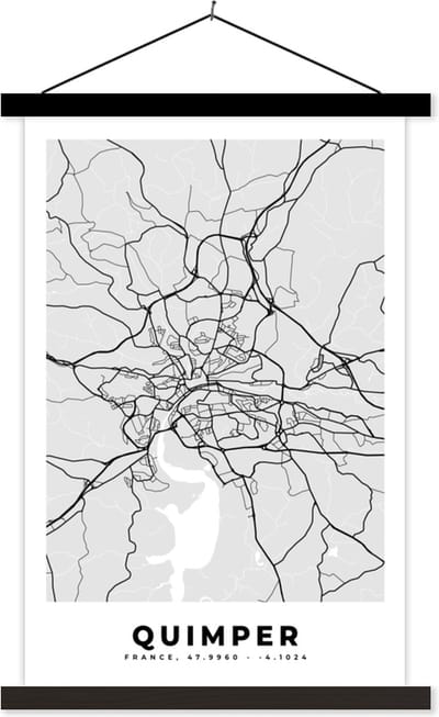 Posterhanger incl. Poster 40x60 cm - Schoolplaat - Kaart - Stadskaart - Frankrijk - Quimper - Plattegrond - Textielposter - Zwarte latten - Stadskaart