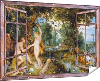 Gards Tuinposter Doorkijk Het Aardse Paradijs met de Zondeval van Adam en Eva - Jan Brueghel - 180x120 cm - Tuindoek - Tuindecoratie - Wanddecoratie buiten - Tuinschilderij