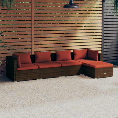vidaXL - 5-delige - Loungeset - met - kussens - poly - rattan - bruin
