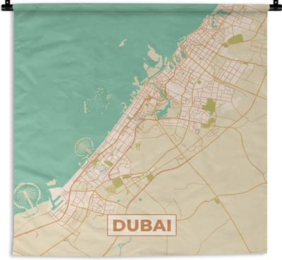 Wandkleed - Wanddoek - Dubai - Kaart- Stadskaart - Plattegrond - Vintage - 180x180 cm - Wandtapijt