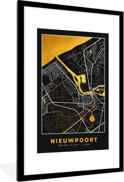 Fotolijst incl. Poster - Kaart - Stadskaart - Plattegrond - Nieuwpoort - Goud - 80x120 cm - Posterlijst