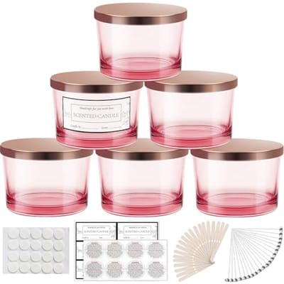 Set van 6 Lege Glazen Kaars Potten - 16oz met 3 Lonten en Metaal Deksels - Ideaal voor Kaarsen Maken
