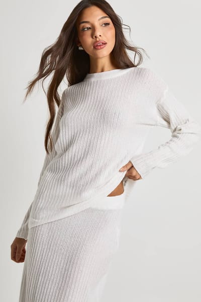 boohoo Dames Soft Rib Knit Ronde Hals Trui en Maxi Rok Co-ord | Ecru | Maat: Medium