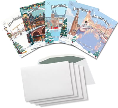 Inspra Studio – Luxe Kerstkaarten met Enveloppen – 5 Stuks – Amsterdam Stad Wenskaarten – Artistieke Illustraties van Nederlandse Steden