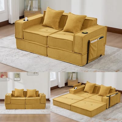 2-Zitsbank, Moderne Tweepersoons Slaapbank met een Comfortabele Stoffen Bank en twee Kussens, Een Stijlvolle, Decoratieve Voetenbank met Opbergruimte aan de Zijkant en Bekerhouders, Ideaal voor Leeshoekjes, Speelkamers, enz.-Geel