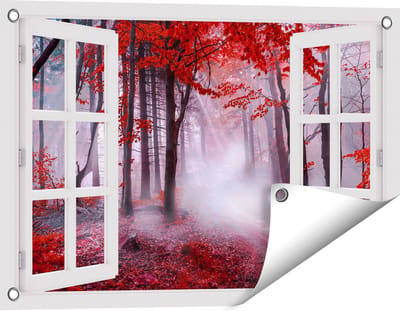 Gards Tuinposter Doorkijk Rood Bos met Bomen - 60x40 cm - Tuindoek - Tuindecoratie - Wanddecoratie buiten - Tuinschilderij