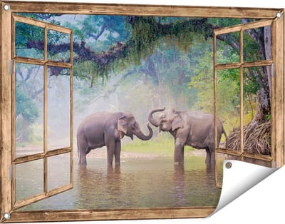 Gards Tuinposter Doorkijk Twee Olifanten in het Water - 90x60 cm - Tuindoek - Tuindecoratie - Wanddecoratie buiten - Tuinschilderij