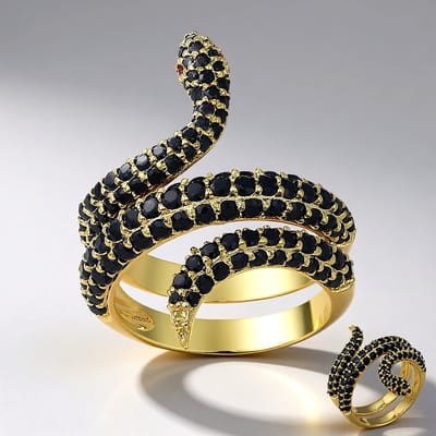 Cavill - Verstelbare Zilveren Ring - 925 Sterling Zilver Verguld - 44 Zwarte Saffieren 2.39 ct - Slang Design - Elegante Damesring