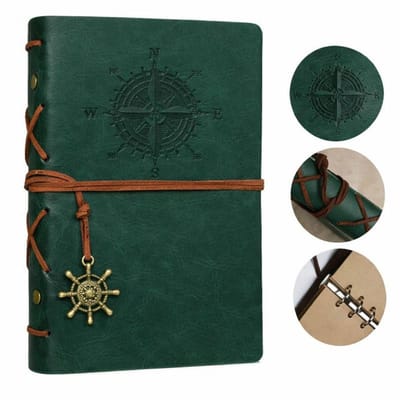 Goodz4All Vintage Lederen Notitieboek met Windroos 15x10CM - Groen - Journal Schetsboek Notebook - Cadeau idee - Blanco Papier - Travel Journal Reis Dagboek Retro