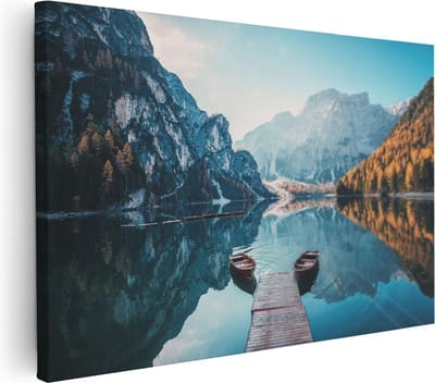 Artaza Canvas Schilderij Landschap - 30x20 cm - Klein - Wanddecoratie Bergen - Muurdecoratie Boot - Kamer Accessoires Herfst