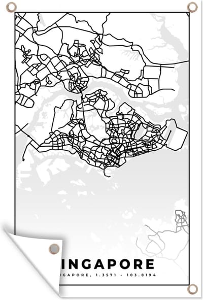 Muurdecoratie Singapore - Plattegrond - Kaart - Stadskaart - Zwart Wit - 120x180 cm - Tuinposter - Tuindoek