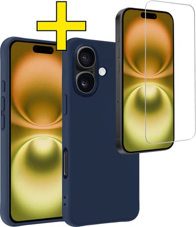Hoesje - Met Screenprotector - Geschikt voor Apple iPhone 16 - Sterk & Shockproof - Back Cover - Siliconen Case - Telefoon Hoes - Telefoonhoesjes - Donkerblauw