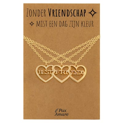 BFF Ketting voor 3 'Zonder Vriendschap mist een dag zijn kleur' - 3 hartjes - Best Friends - Vriendschapsketting op Cadeau Kaartje - 45cm + 5cm verstelbaar - Goudkleurig - Best Friends Hanger - Pax Amare