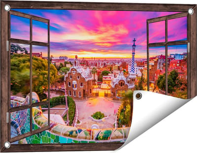 Gards Tuinposter Doorkijk Park Güell Uitzicht op Barcelona - 60x40 cm - Tuindoek - Tuindecoratie - Wanddecoratie buiten - Tuinschilderij