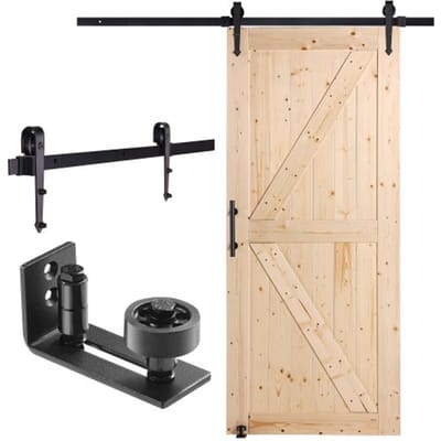 VEVOR schuifdeurset met beslag, 91,4 x 213,4 cm, houten schuifpoort, soepele en stille werking, schuifdeurset met 8-in-1 vloergeleider en deurklink, paneel van sparrenhout