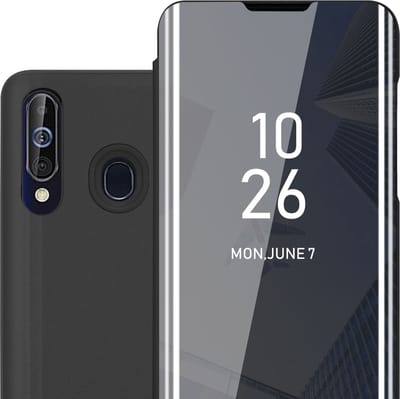 Cadorabo Hoesje geschikt voor Samsung Galaxy A60 / M40 in TOERMALIJN ZWART - Clear View Spiegel Beschermende Case met Tribunefunctie 360 Graden Bescherming Book Case Cover Etui