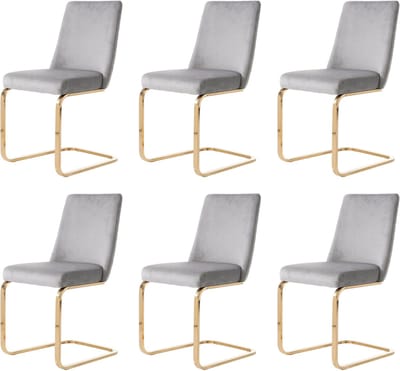 Fluwelen eetkamerstoel - set van 6 - woonkamer - slaapkamer - loungestoel - diamanten rugmotief met goudkleurige metalen steunpoten - grijs