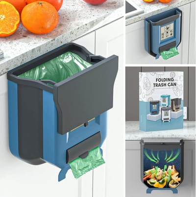 Opvouwbare afvalemmer met deksel voor keuken, camping, auto, badkamer, kantoor, slaapkamer (blauw + grijs)