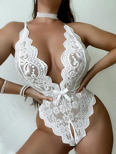 LekkerStout Kanten Bodysuit - Open Kruis - Wit - Sexy Lingerie | ( L ) | ( LS049 )