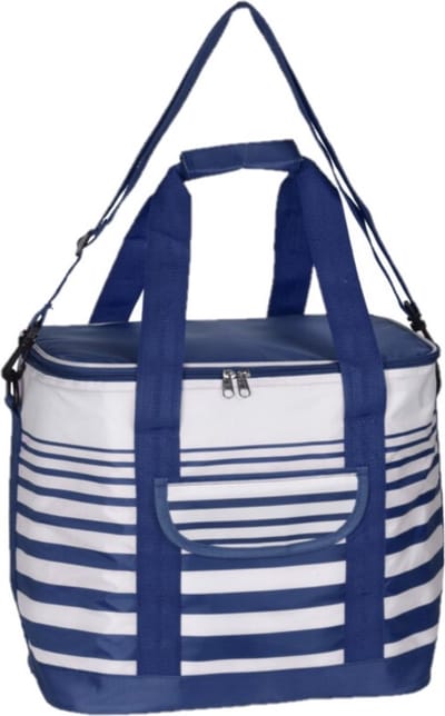 Koeltas draagtas schoudertas blauw/wit gestreept 28 x 18 x 29 cm 12 liter - Koeltassen