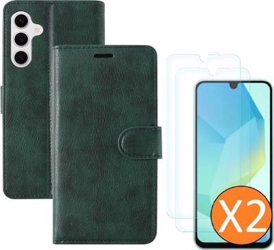 Hoesje geschikt voor Samsung Galaxy A16 4G / 5G hoesje Groen pasjeshouder telefoon hoes - Met screenprotector tempered glass voor Galaxy A16 4G / 5G - 2x