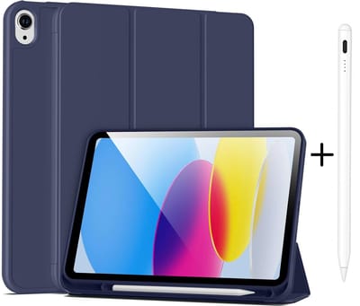 Casemania Stylus en Hoes Geschikt voor Apple iPad 2025 (A16) - Donker Blauw - Universeel Stylus Pen - Smart Cover met Pencil Slot Uitsparing