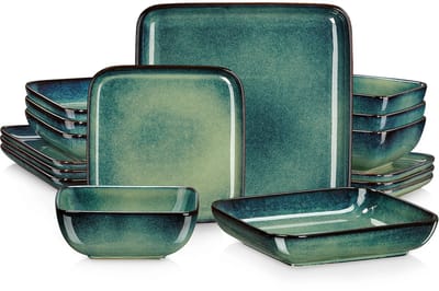 Home & Beyond® 16-Delige Vierkante Keramische Serviesset voor 4 Personen - Borden, Kommen en Diepe Borden - Groen