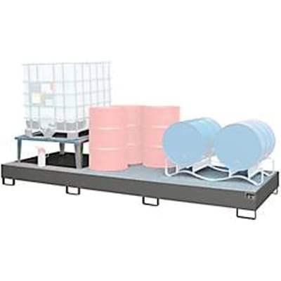 Opvangbak Bauer AWA 31, staal, grijs, L 3850 x B 1460 x H 780 mm, 1000 l, voor 3 x 1000 l IBC, 1 vulblad, 2 roosters