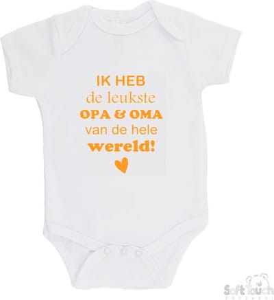 100% katoenen Romper "Ik heb de leukste opa & oma van de hele wereld" Unisex Katoen Wit/mosterd Maat 56/62