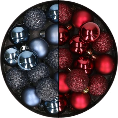 Decoris Mini kerstballen - 14x st - donkerrood - D3 cm - kunststof - kerstversiering