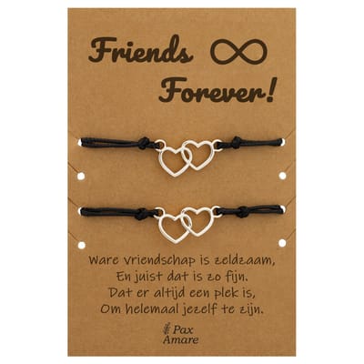 Vriendschapsarmbandjes voor 2 " Friends Forever ∞" - Verbonden Hartjes - BFF Armbandjes met Persoonlijk Cadeau Kaartje - Zilverkleurig - Elastisch Verstelbaar - Pax Amare