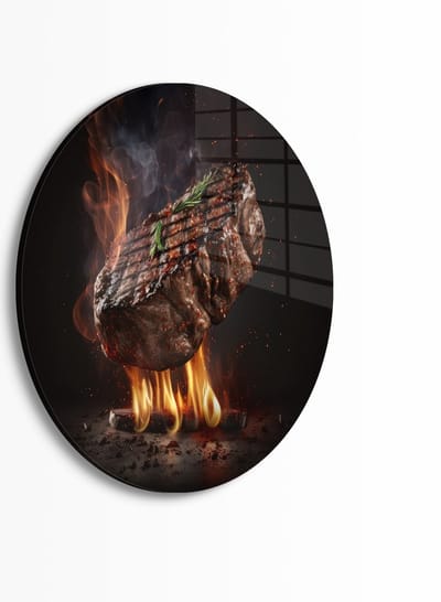 Indoorart - Muurcirkel Steak Plexiglas 30 cm - Wanddecoratie - Afbeelding op Plexiglas - Inclusief ophangplaat