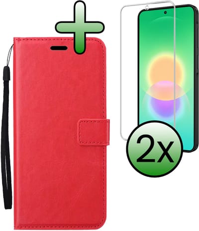 Hoesje Met 2x Screenprotector - Geschikt voor Samsung Galaxy A27 - Luxe Pasjeshouder - Bookcase Portemonee - Flip Case - Kunstleer Book Case - Flipcase Hoes - Book Cover - Walletcase - Portemonneehoes - Rood