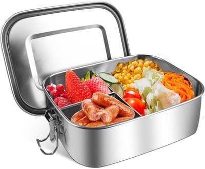 GELLDG Lunchbox van roestvrij staal - Met compartimenten - Metalen lunchbox van 1000 ml - Lekvrij - 3 compartimenten - Lunchbox van roestvrij staal voor kinderen - Kan worden gebruikt als bentobox, snackbox of broodtrommel